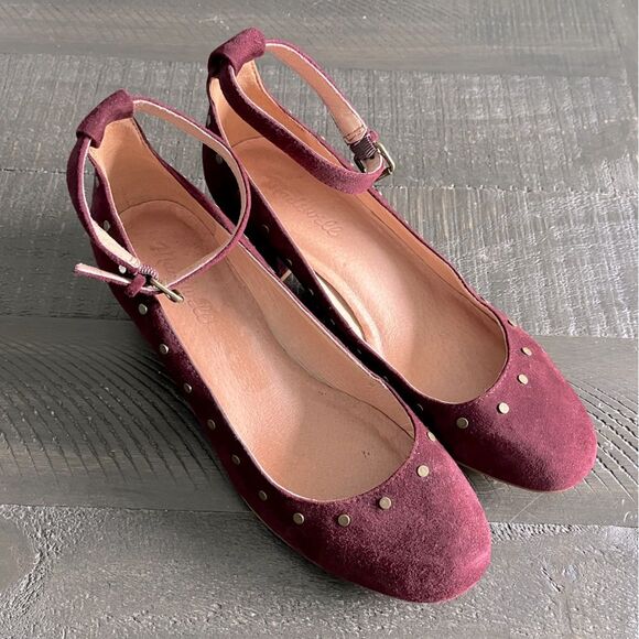 Madewell Inez Suede Studded Ankle Strap Block Heel Shoes 7.5 Maroon Burgundy - Picture 1 of 9